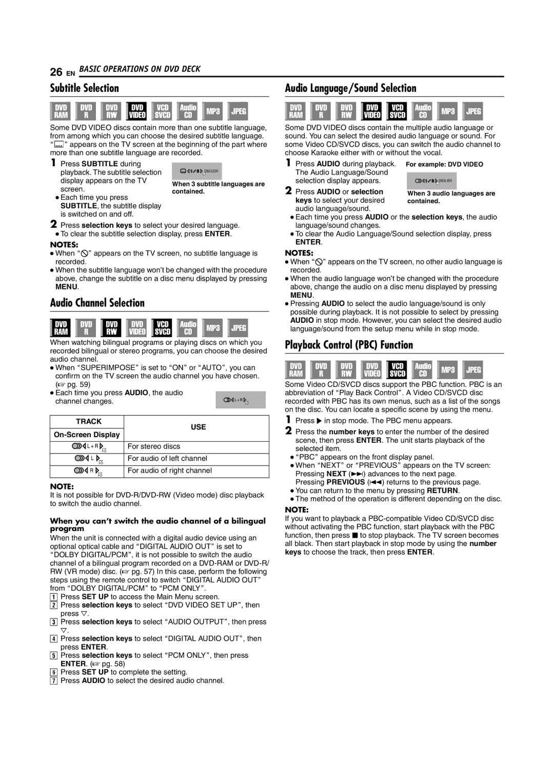 JVC SR-DVM600U Subtitle Selection Audio Language/Sound Selection, Audio Channel Selection, Playback Control PBC Function 