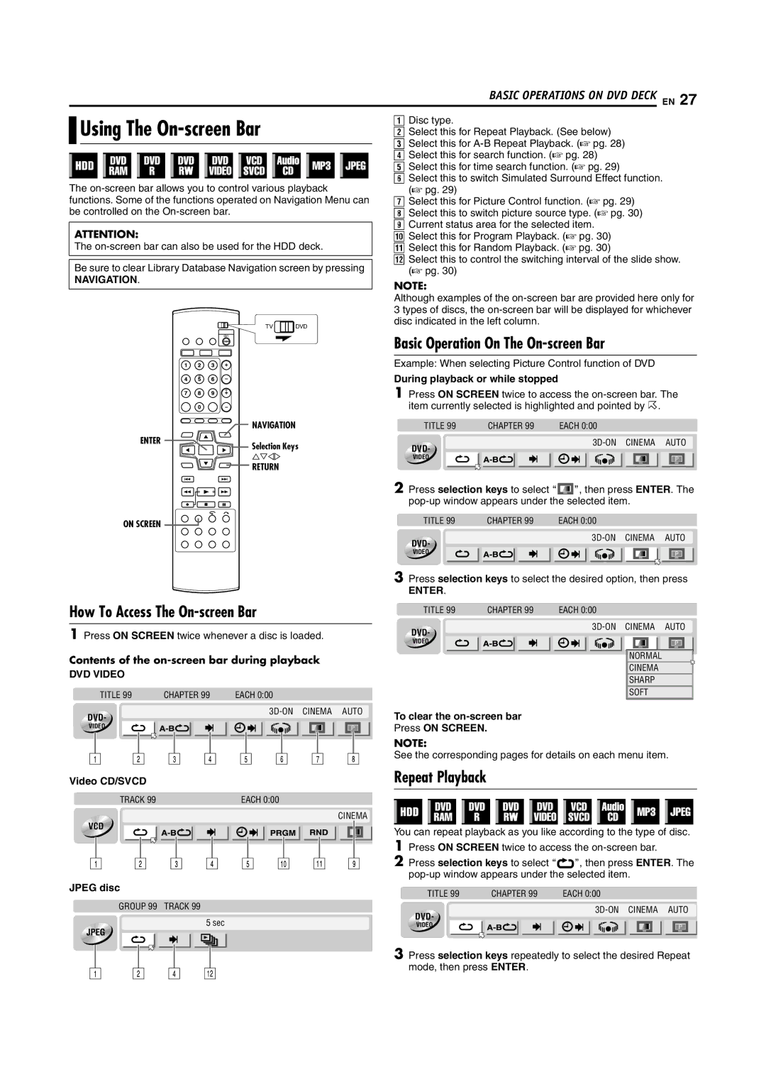 JVC SR-DVM600U manual Basic Operation On The On-screen Bar, How To Access The On-screen Bar, Repeat Playback, Navigation 