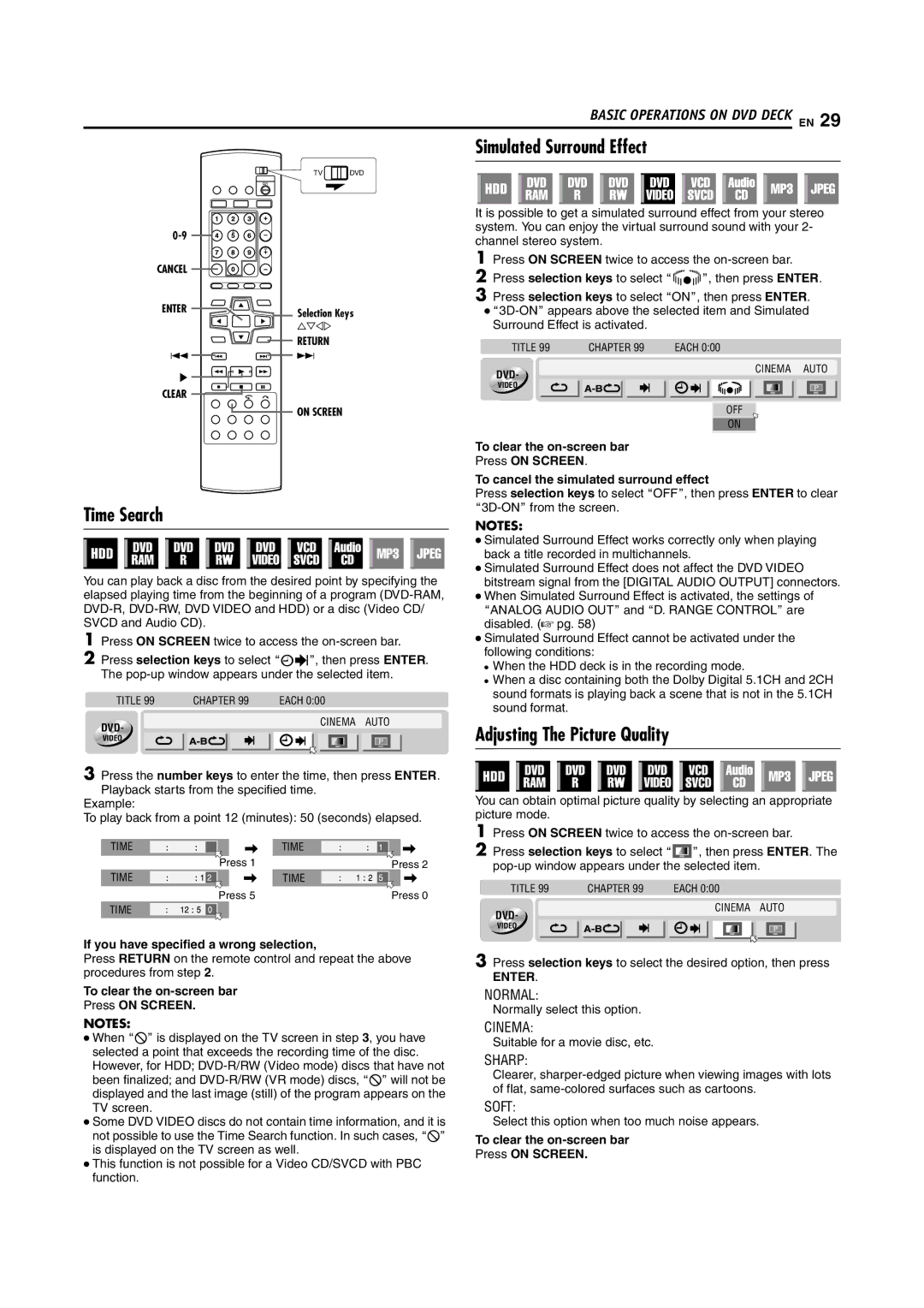 JVC SR-DVM600U manual Simulated Surround Effect, Time Search, Adjusting The Picture Quality 