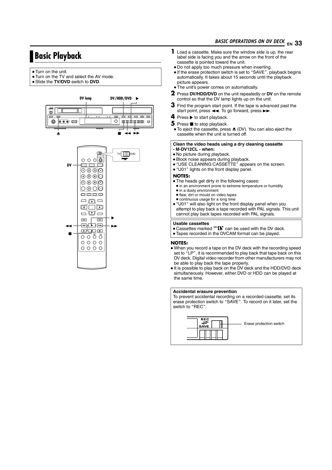 JVC SR-DVM600U manual Usable cassettes, Accidental erasure prevention 