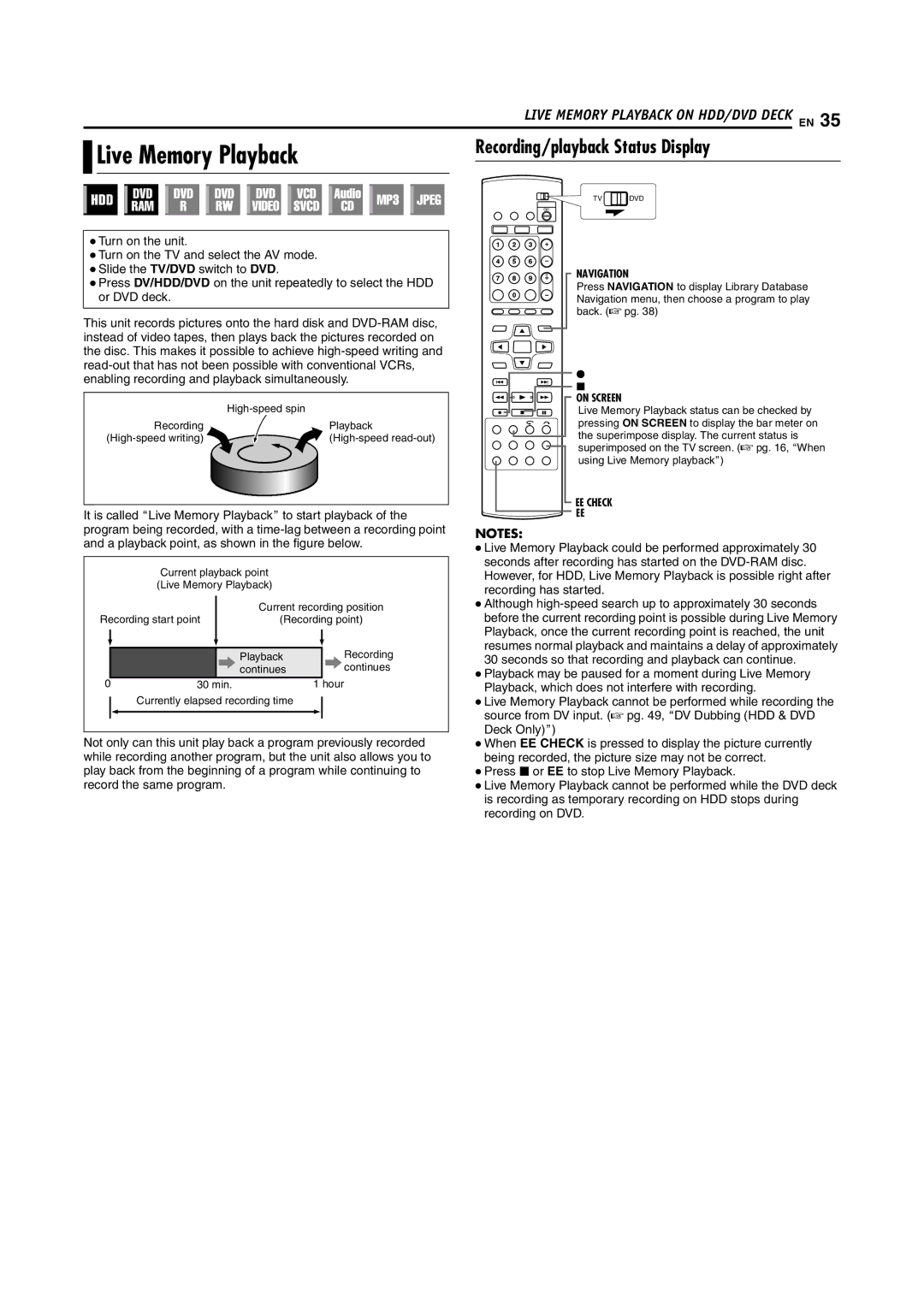 JVC SR-DVM600U manual Live Memory Playback, Recording/playback Status Display 