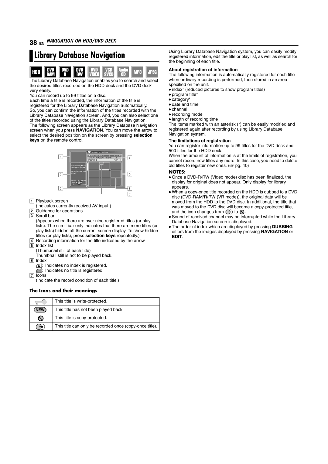 JVC SR-DVM600U manual Library Database Navigation, About registration of information, Limitations of registration 