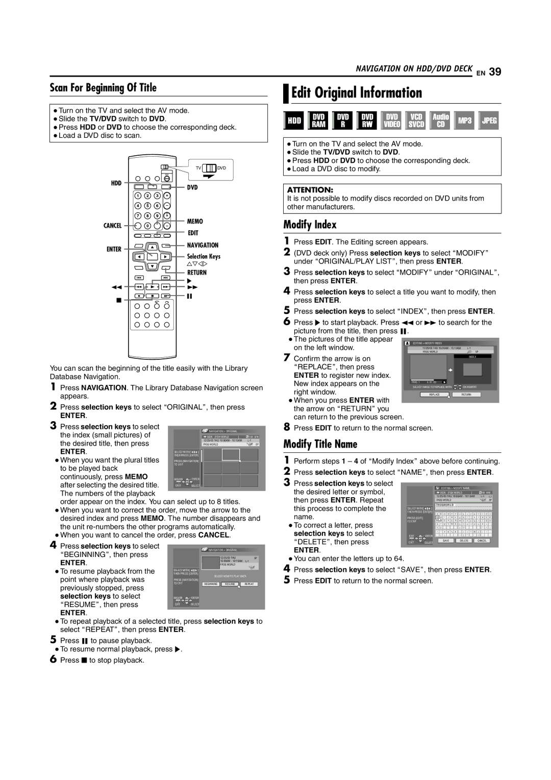 JVC SR-DVM600U manual Edit Original Information, Scan For Beginning Of Title, Modify Index, Modify Title Name 