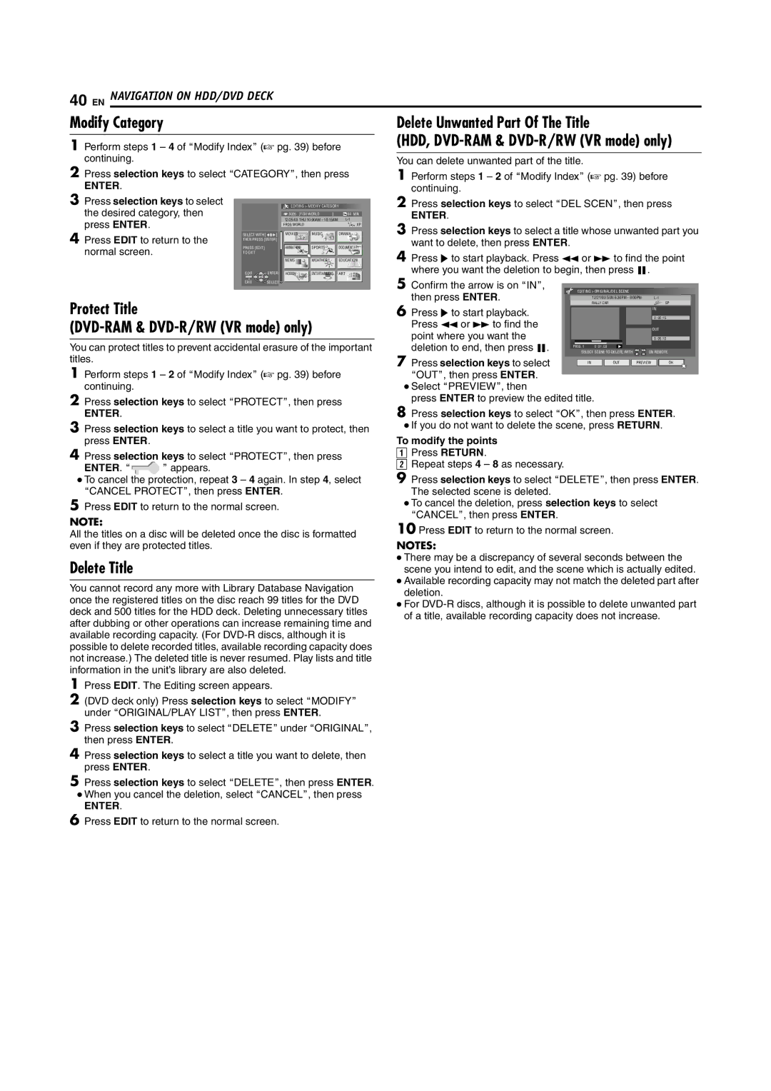 JVC SR-DVM600U manual Modify Category, Protect Title, Delete Title, ENTER. a 