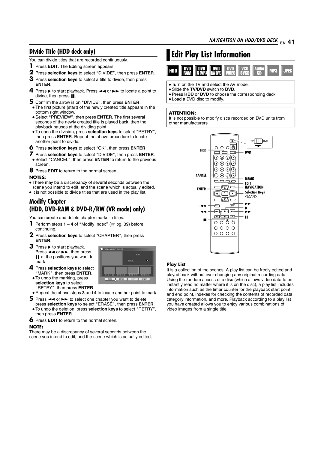 JVC SR-DVM600U manual Edit Play List Information, Divide Title HDD deck only, Modify Chapter, Selection keys to select 