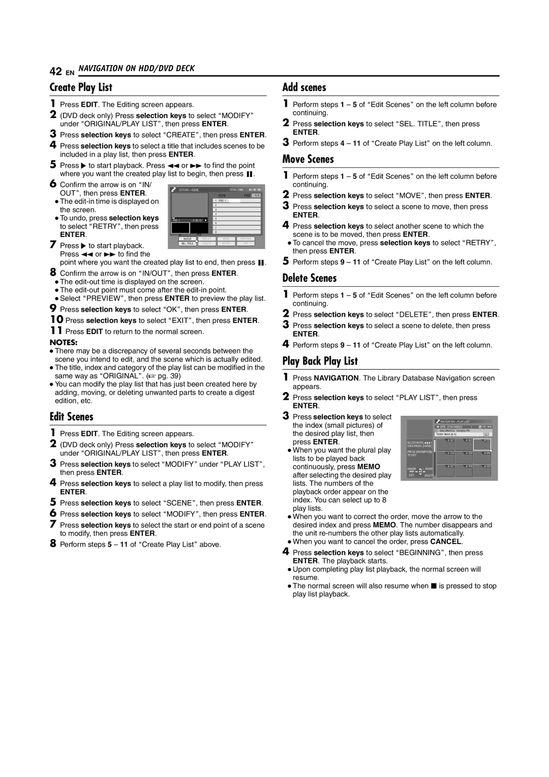 JVC SR-DVM600U manual Create Play List, Move Scenes, Delete Scenes, Play Back Play List, Edit Scenes 