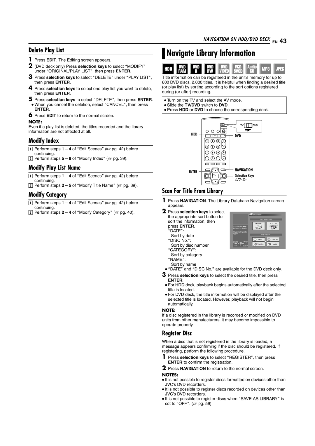 JVC SR-DVM600U manual Navigate Library Information, Delete Play List, Modify Play List Name, Scan For Title From Library 