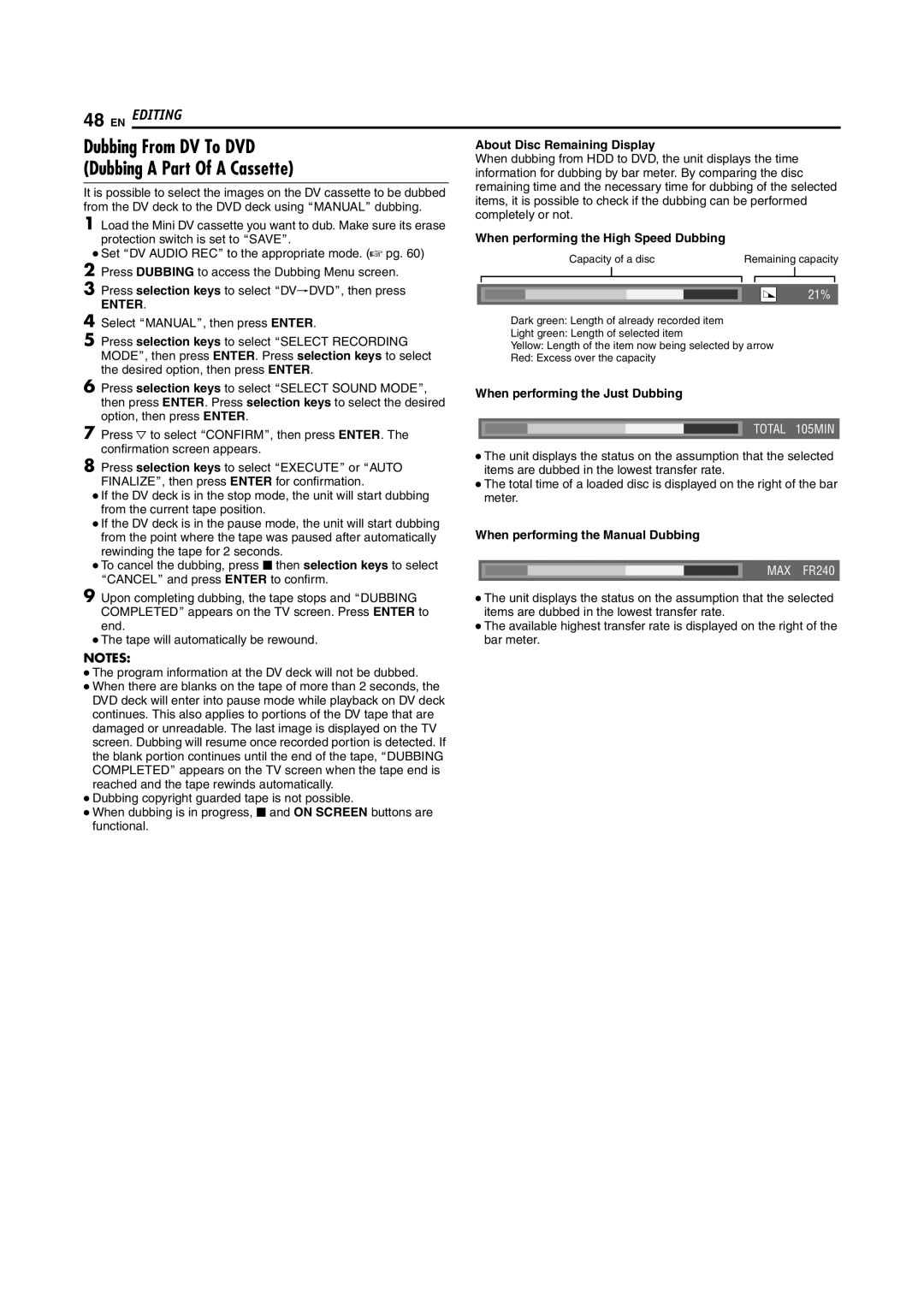 JVC SR-DVM600U manual About Disc Remaining Display, When performing the Just Dubbing, When performing the Manual Dubbing 