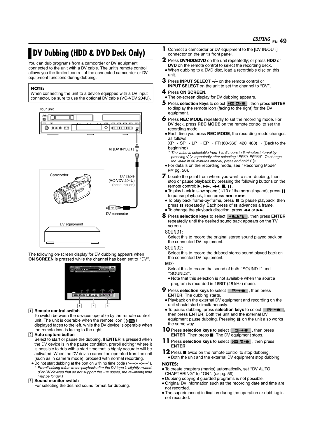 JVC SR-DVM600U manual SOUND1, SOUND2, Mix 