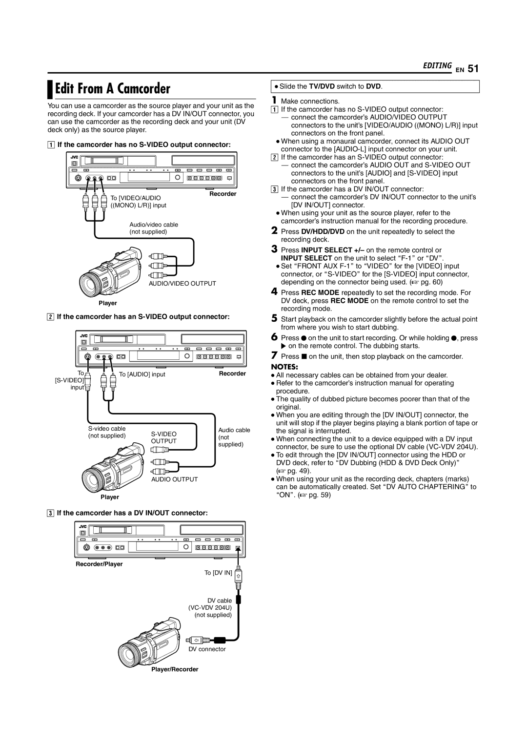 JVC SR-DVM600U manual Edit From a Camcorder, If the camcorder has no S-VIDEO output connector 