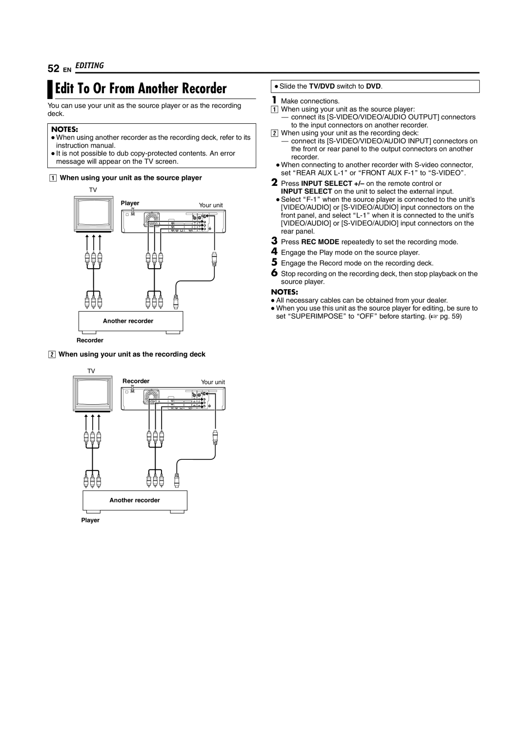 JVC SR-DVM600U manual When using your unit as the source player, When using your unit as the recording deck 