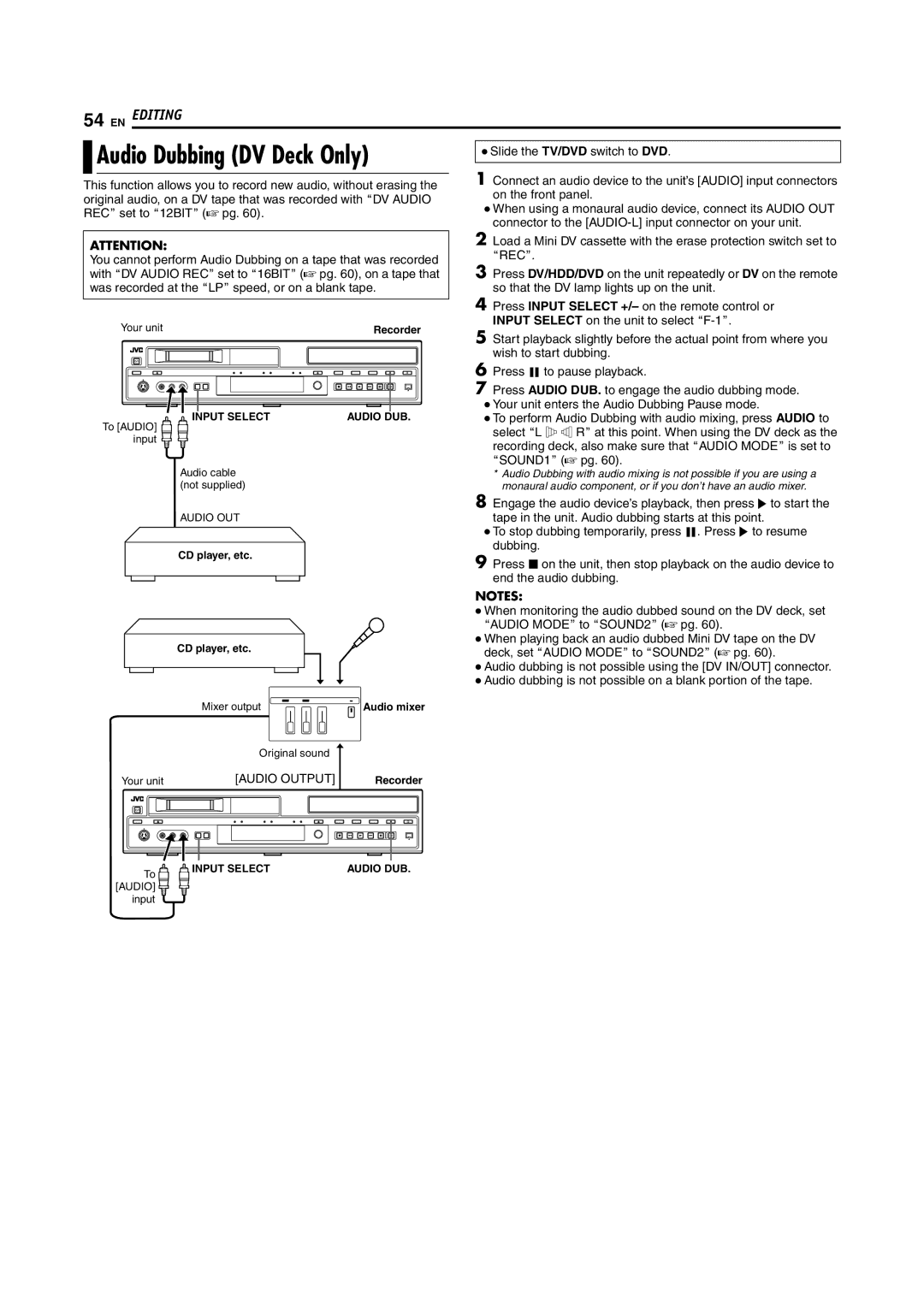 JVC SR-DVM600U manual Audio Dubbing DV Deck Only, Input Select on the unit to select AF-1B, Audio Output 