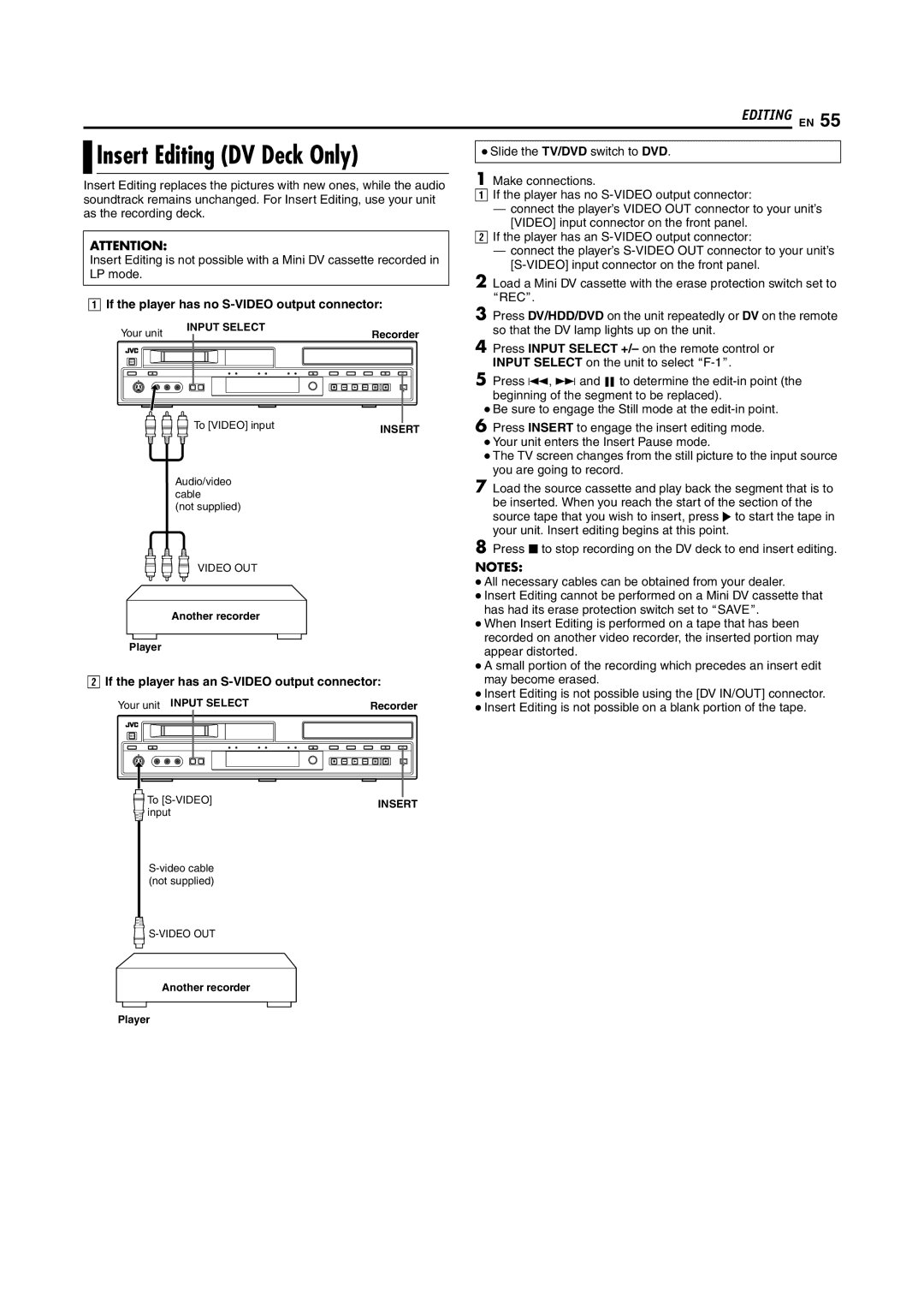 JVC SR-DVM600U manual Insert Editing DV Deck Only, If the player has no S-VIDEO output connector 