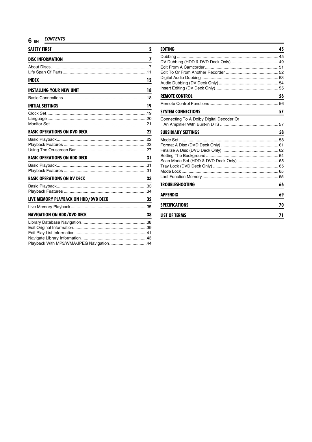 JVC SR-DVM600U manual Contents 