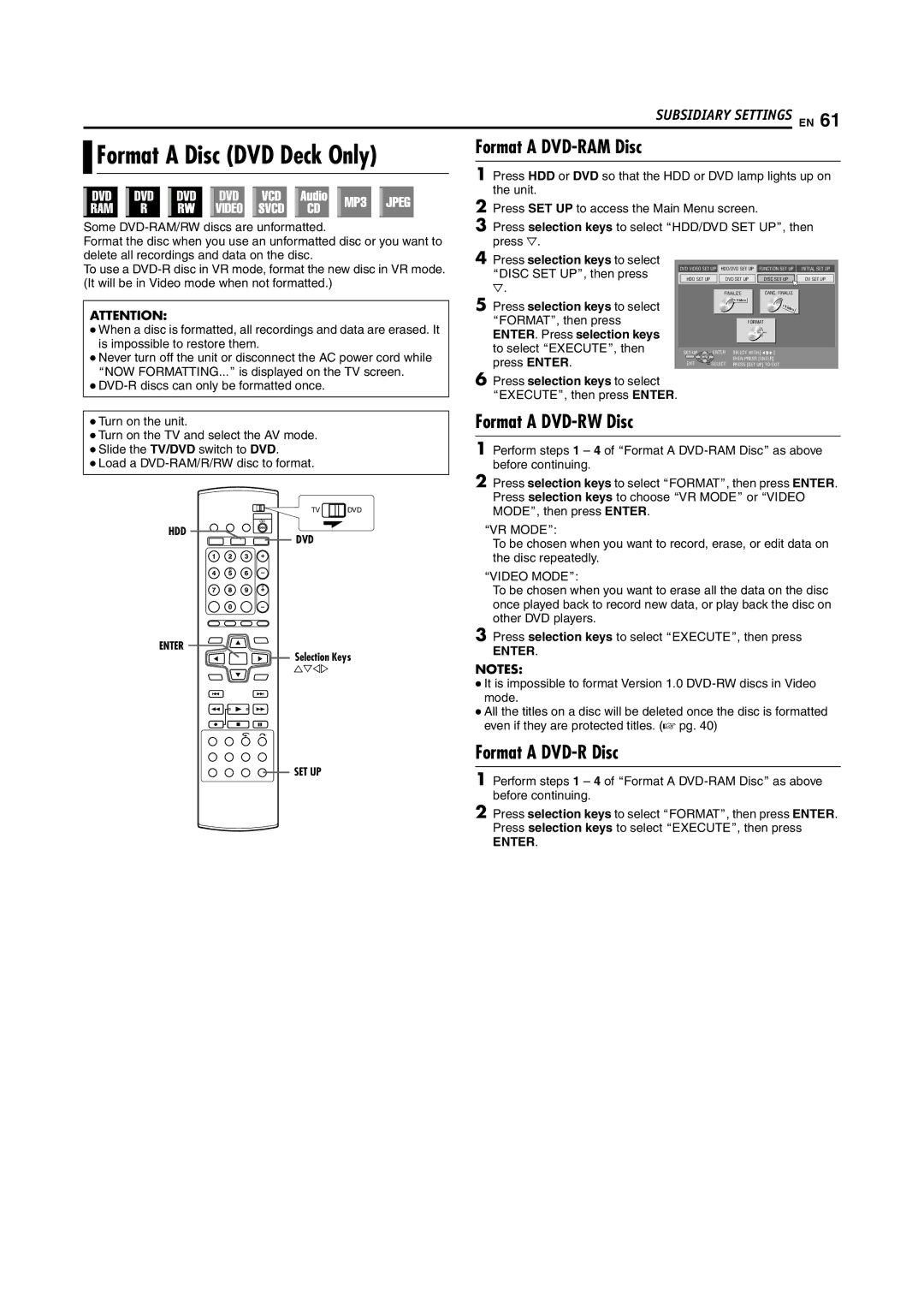 JVC SR-DVM600U manual Format a Disc DVD Deck Only, Format a DVD-RAM Disc, Format a DVD-RW Disc, Format a DVD-R Disc 