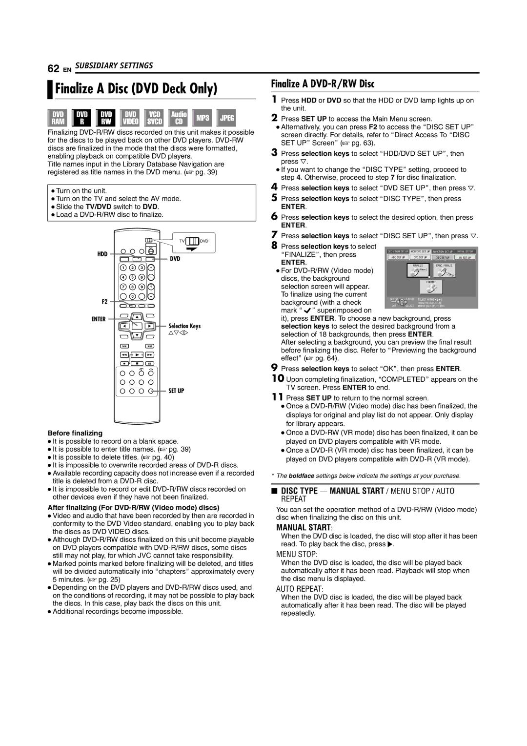 JVC SR-DVM600U Finalize a Disc DVD Deck Only, Menu Stop, Auto Repeat, After finalizing For DVD-R/RW Video mode discs 