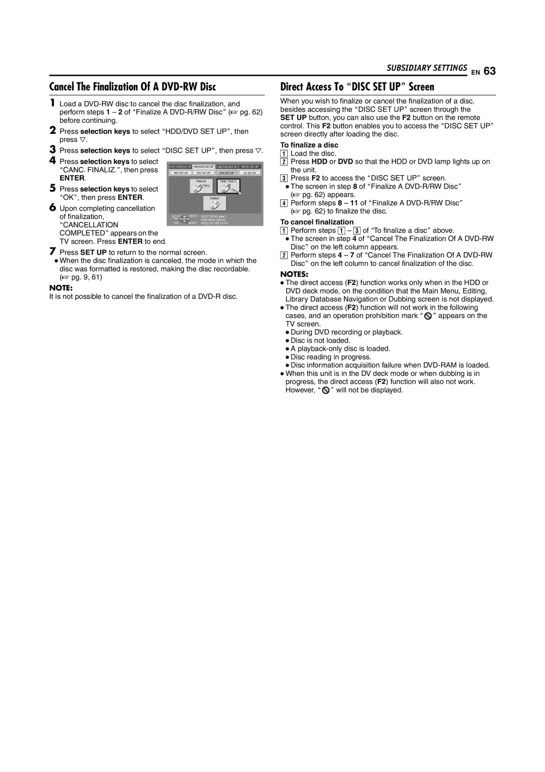 JVC SR-DVM600U manual Cancel The Finalization Of a DVD-RW Disc, To finalize a disc, To cancel finalization 