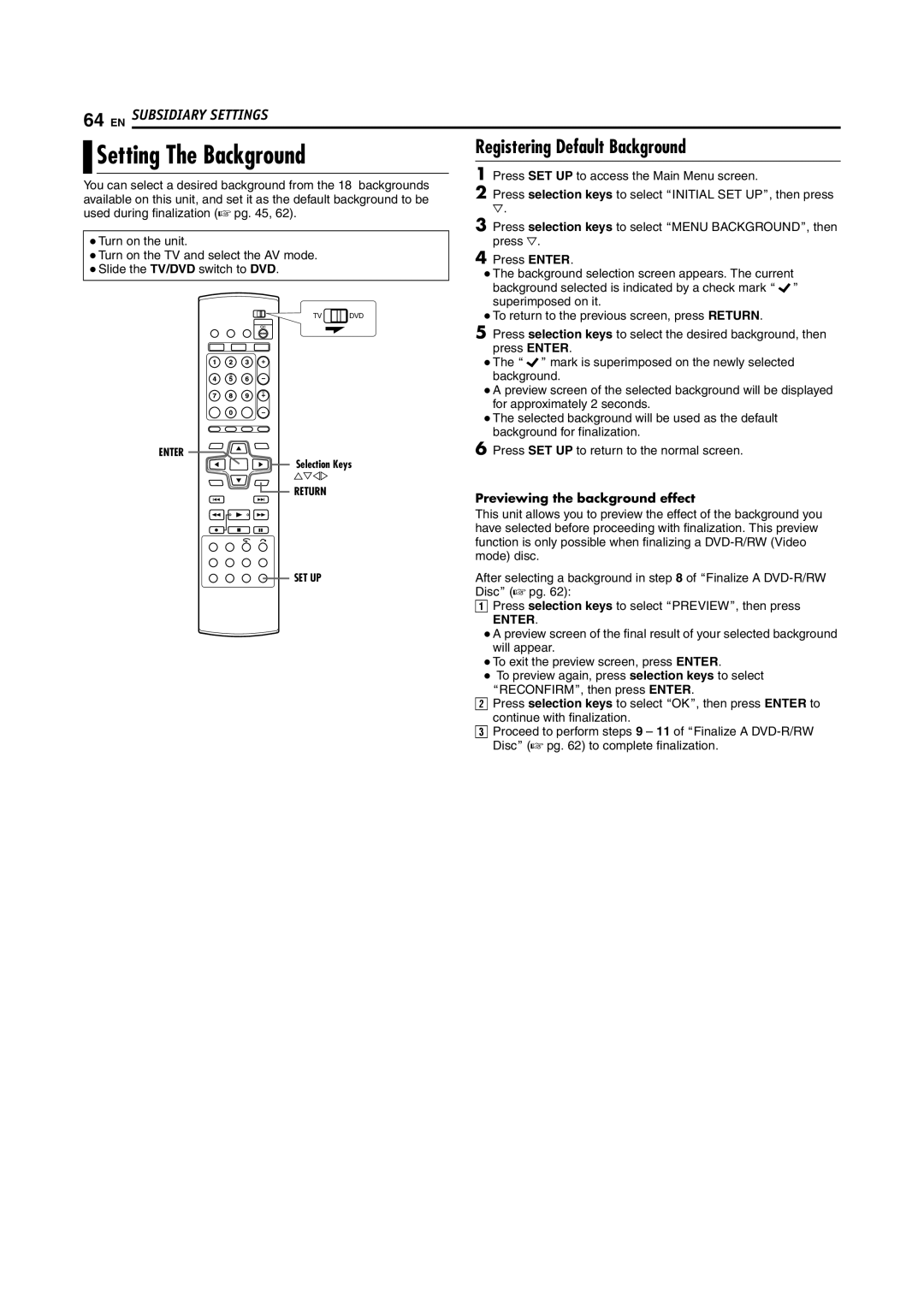 JVC SR-DVM600U manual Registering Default Background, Previewing the background effect 