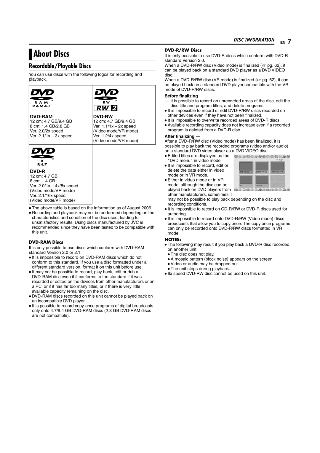 JVC SR-DVM600U manual About Discs, DVD-R/RW Discs, Before finalizing, After finalizing, DVD-RAM Discs 