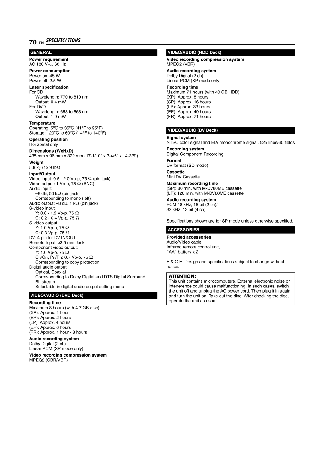 JVC SR-DVM600U Power requirement, Power consumption, Laser specification, Temperature, Operating position, Weight, Format 