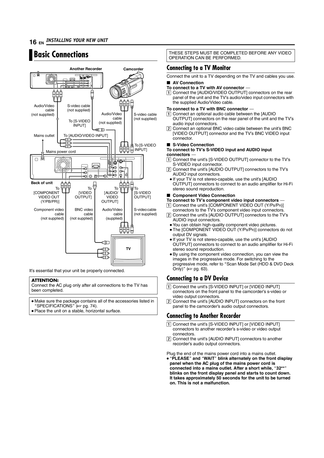 JVC SR-DVM700E Basic Connections, Connecting to a TV Monitor, Connecting to a DV Device, Connecting to Another Recorder 