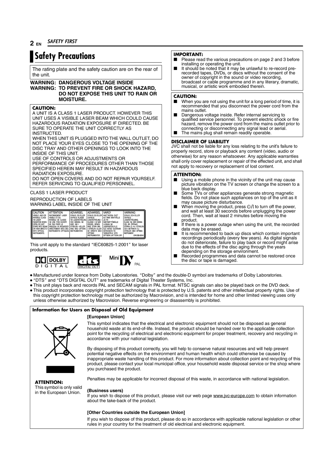 JVC SR-DVM700E manual Safety Precautions, Safety First, Information for Users on Disposal of Old Equipment, European Union 