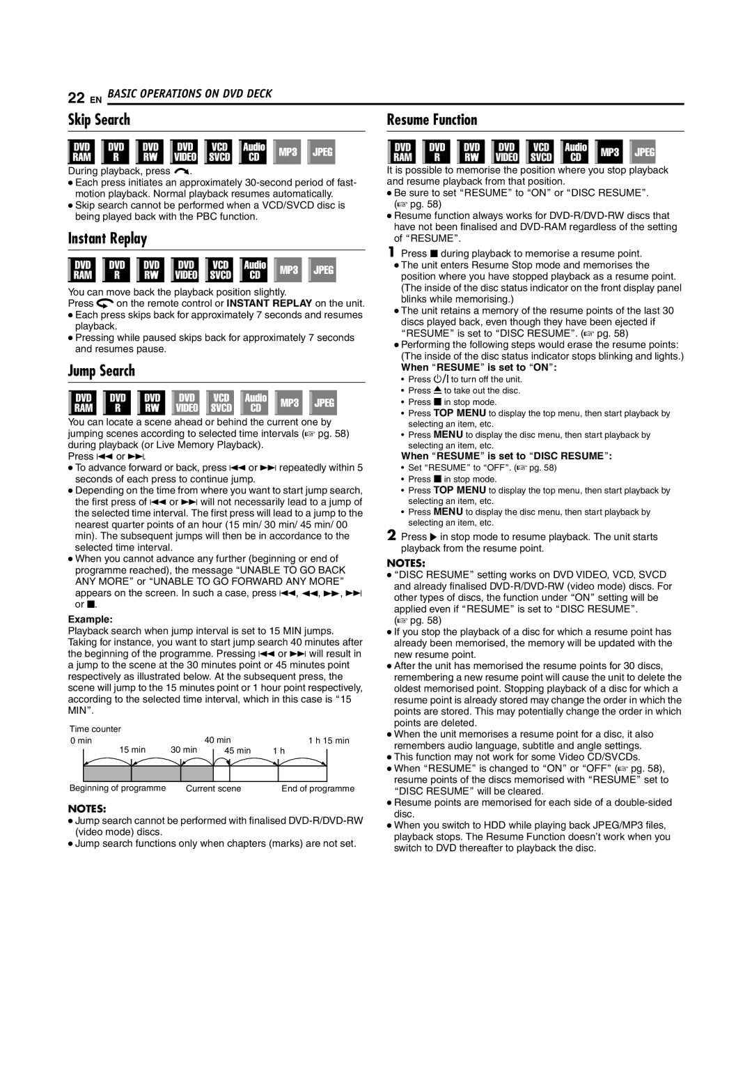 JVC SR-DVM700E manual Skip Search Resume Function, Instant Replay, Jump Search 