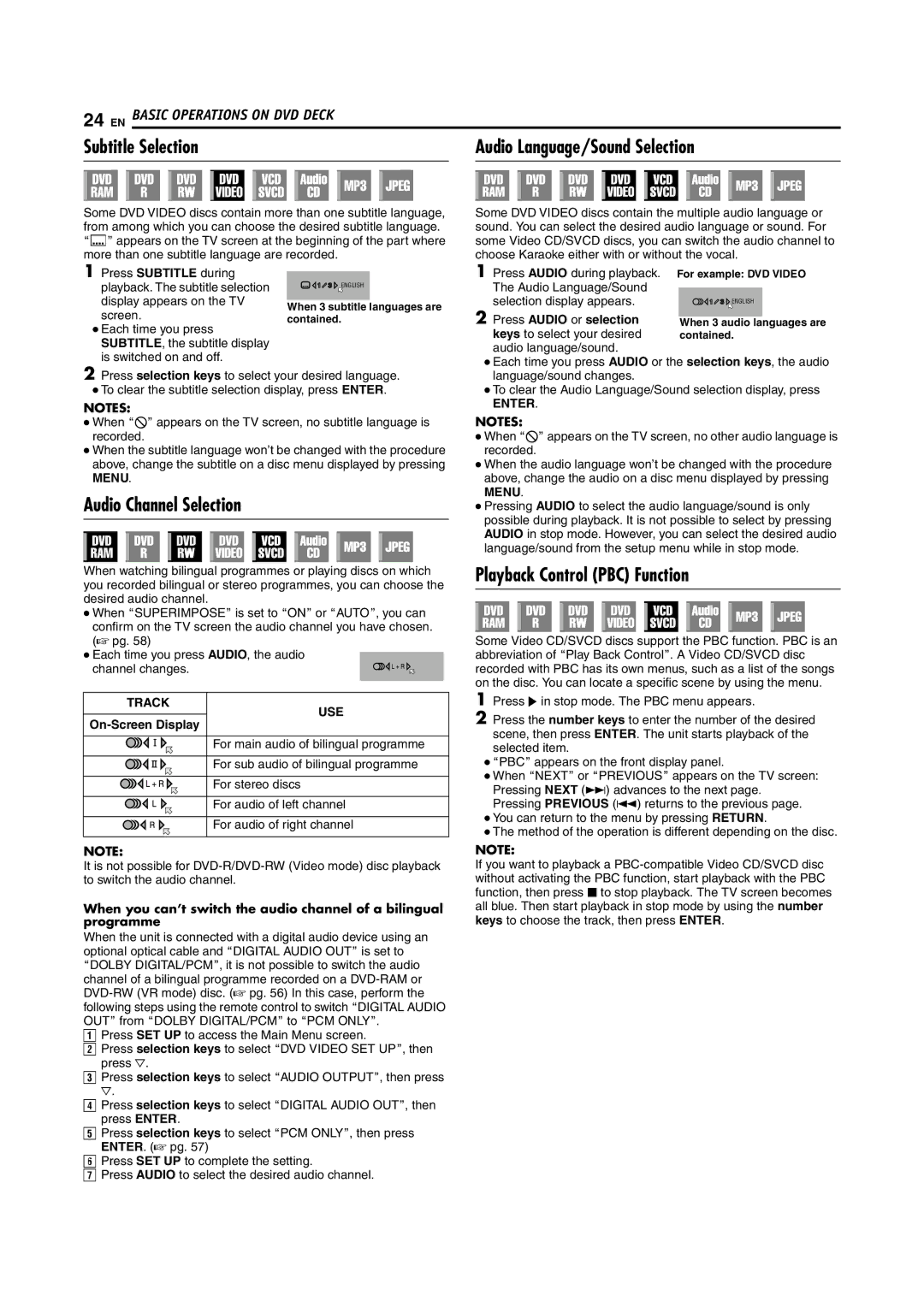 JVC SR-DVM700E Subtitle Selection Audio Language/Sound Selection, Audio Channel Selection, Playback Control PBC Function 