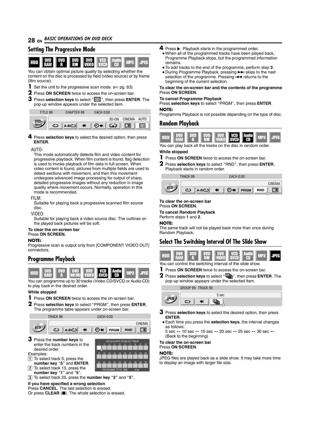 JVC SR-DVM700E manual Setting The Progressive Mode, Programme Playback, Random Playback 