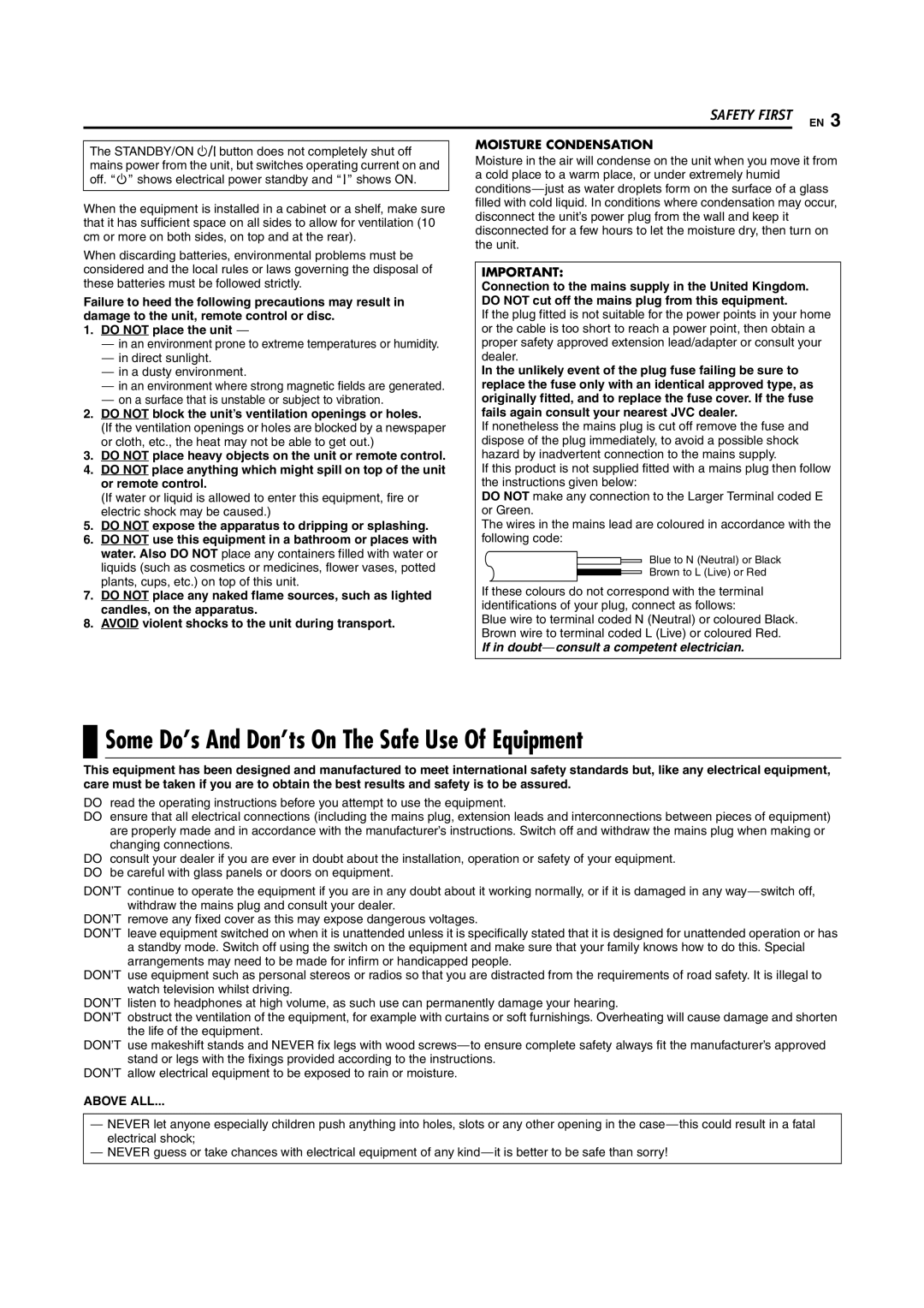 JVC SR-DVM700E manual Some Do’s And Don’ts On The Safe Use Of Equipment, Above ALL 