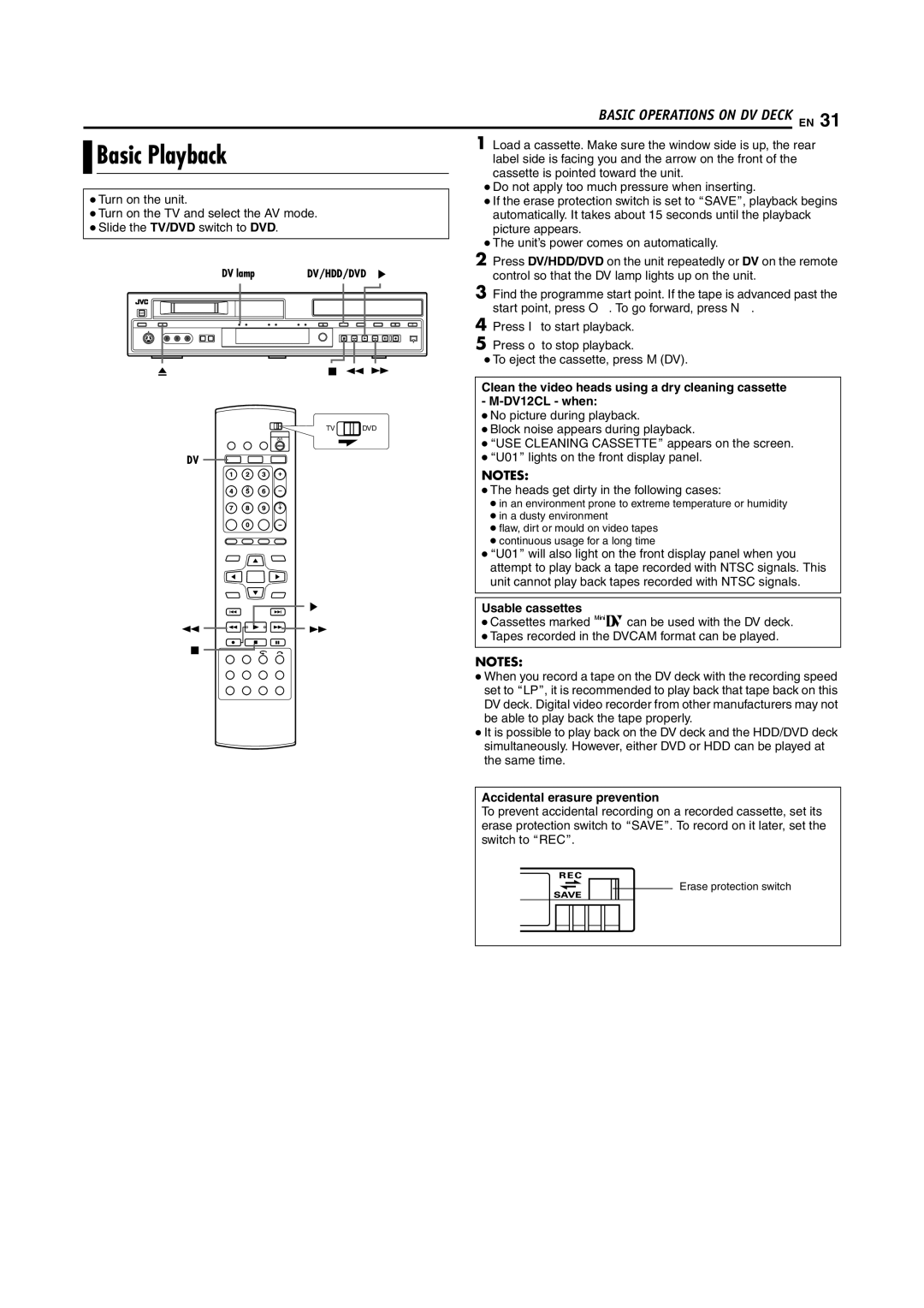 JVC SR-DVM700E manual Usable cassettes, Accidental erasure prevention 