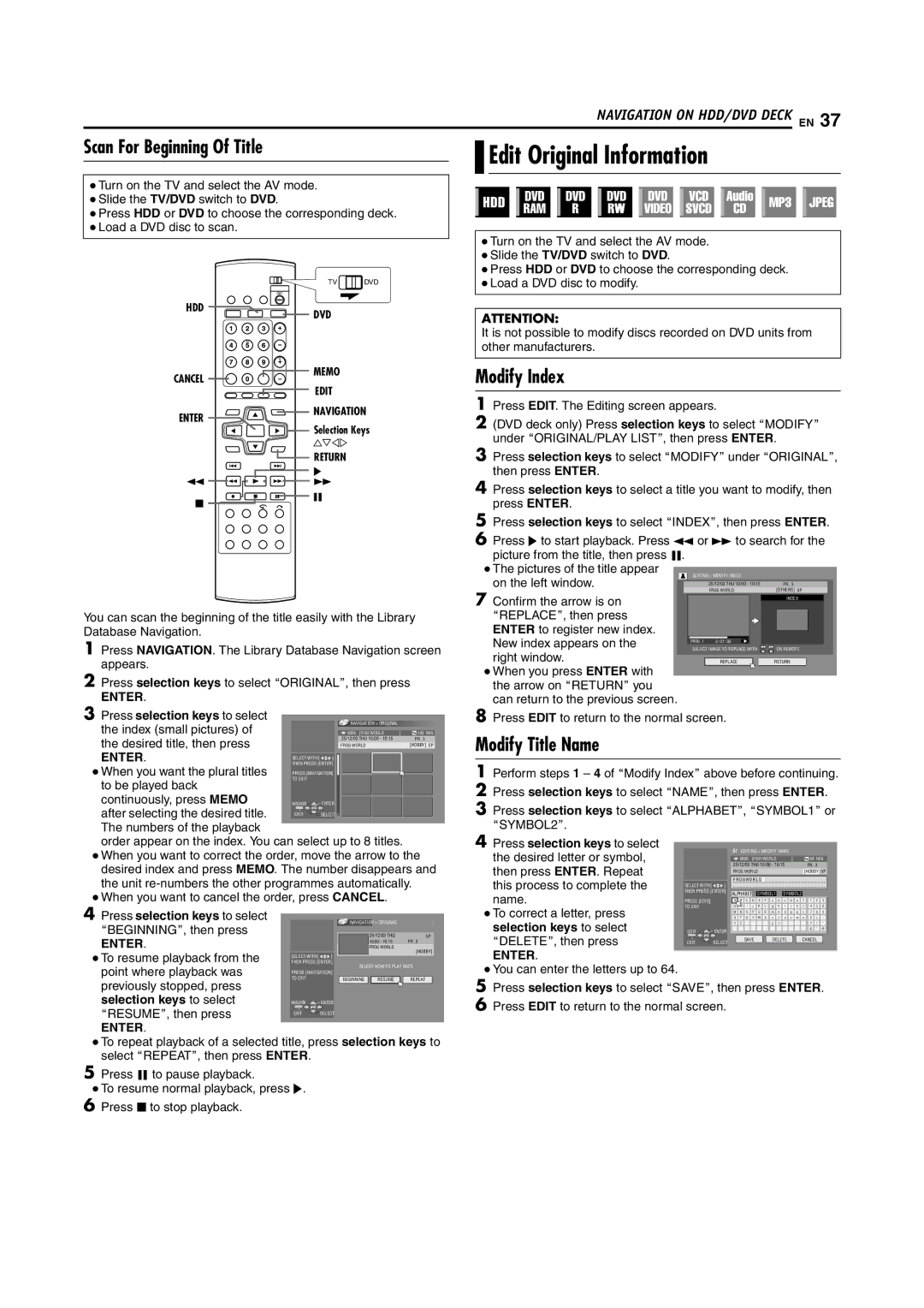 JVC SR-DVM700E manual Edit Original Information, Scan For Beginning Of Title, Modify Index, Modify Title Name 