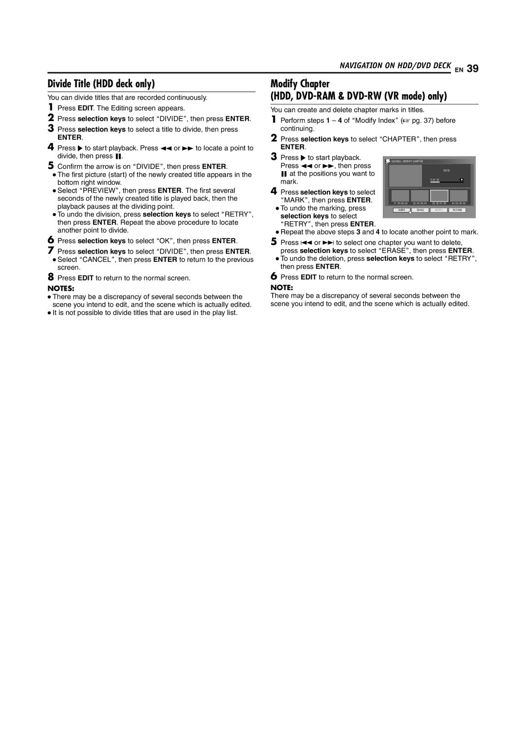JVC SR-DVM700E manual Divide Title HDD deck only Modify Chapter, HDD, DVD-RAM & DVD-RW VR mode only 