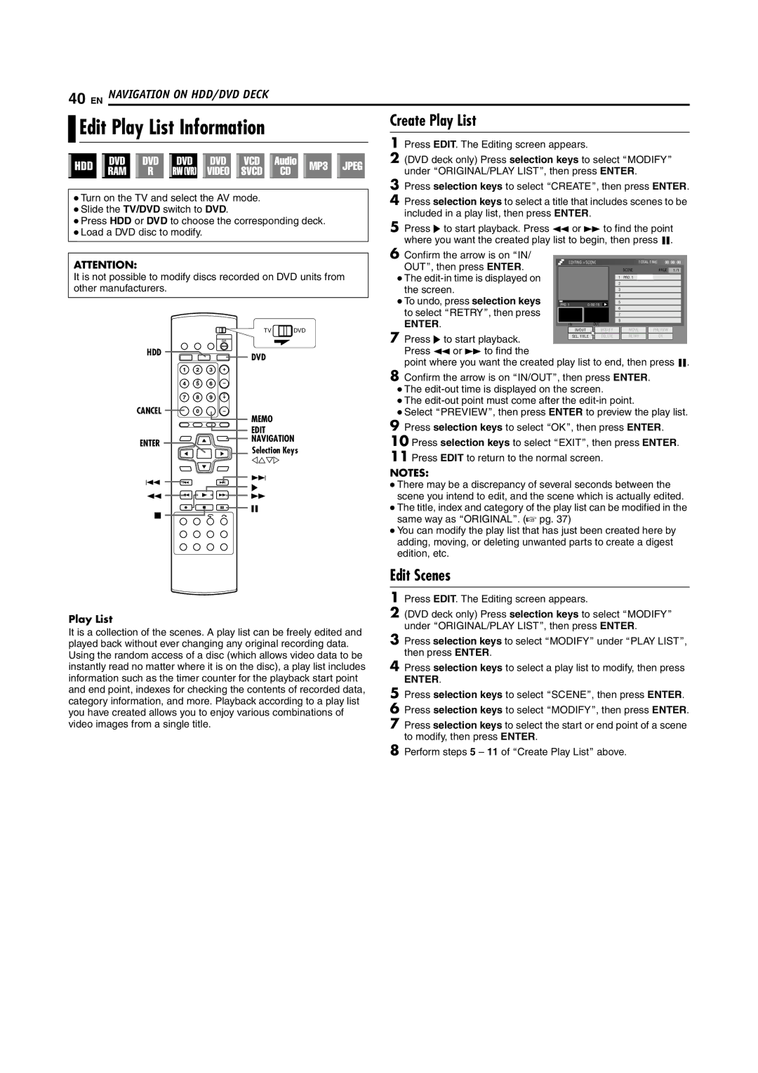 JVC SR-DVM700E manual Edit Play List Information, Create Play List, Edit Scenes, EN Navigation on HDD/DVD Deck 