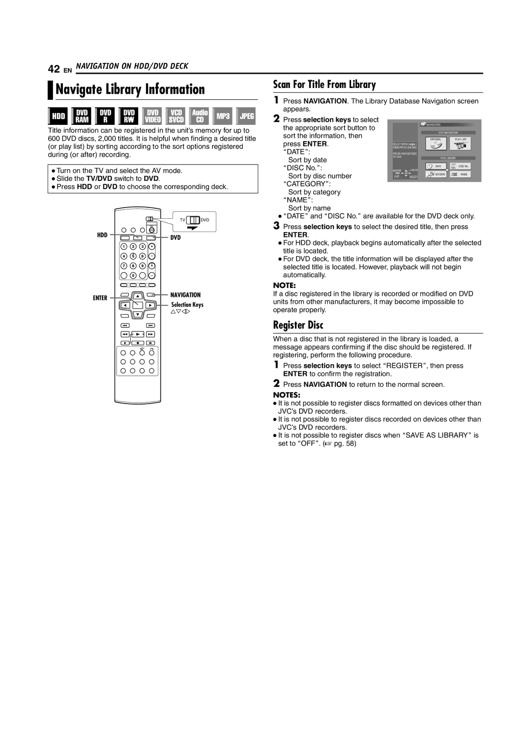 JVC SR-DVM700E manual Navigate Library Information, Scan For Title From Library, Register Disc 