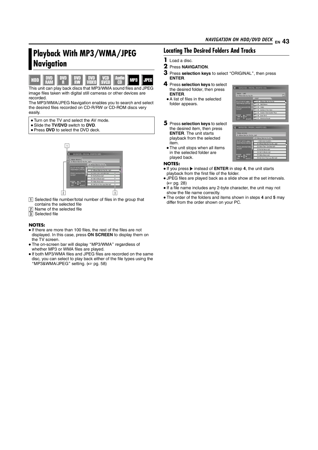 JVC SR-DVM700E manual Locating The Desired Folders And Tracks, Press Navigation 