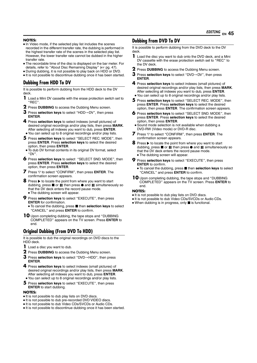 JVC SR-DVM700E manual Dubbing From HDD To DV, Original Dubbing From DVD To HDD, Editing EN, Dubbing From DVD To DV 