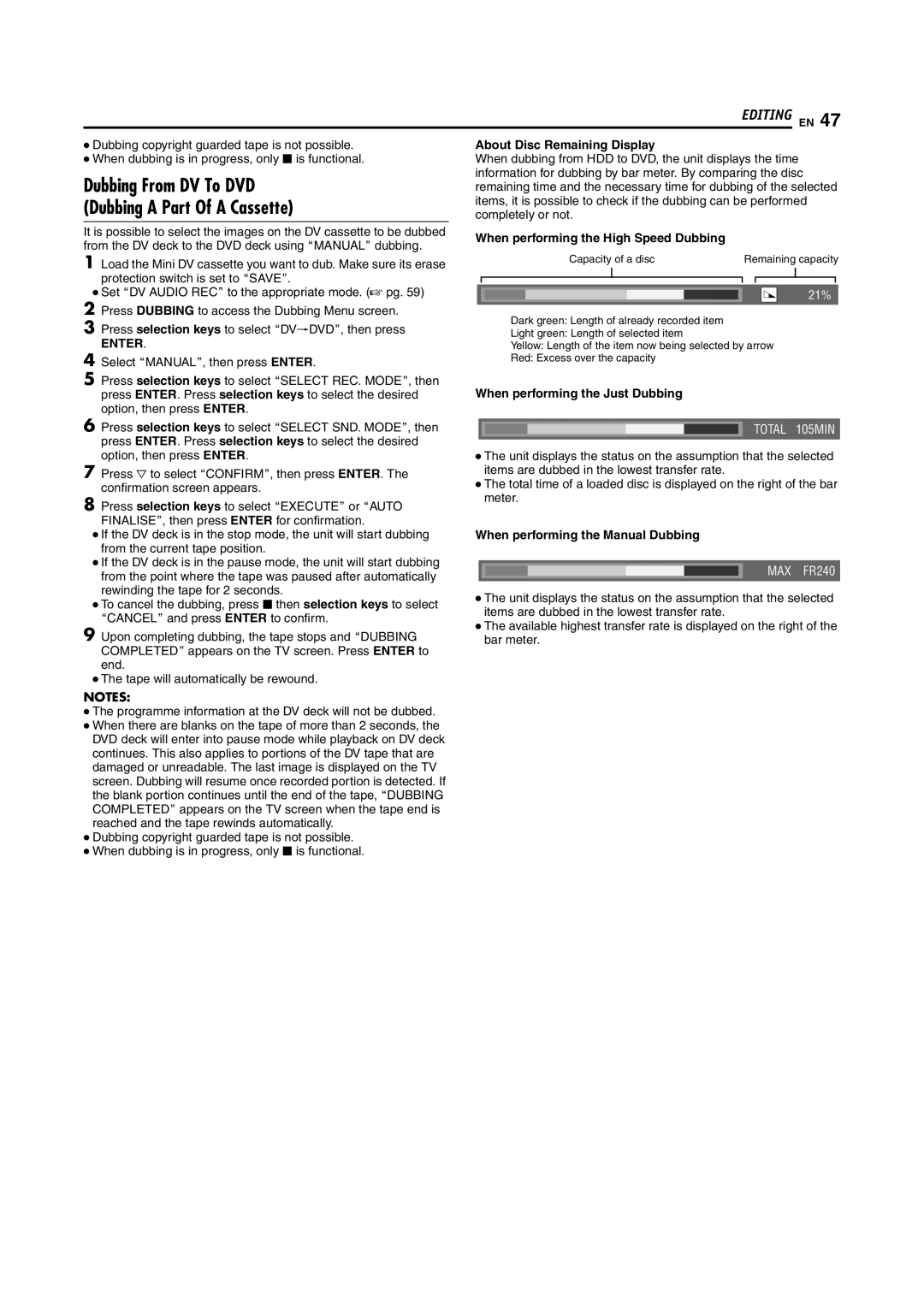 JVC SR-DVM700E manual Dubbing From DV To DVD Dubbing a Part Of a Cassette, About Disc Remaining Display 