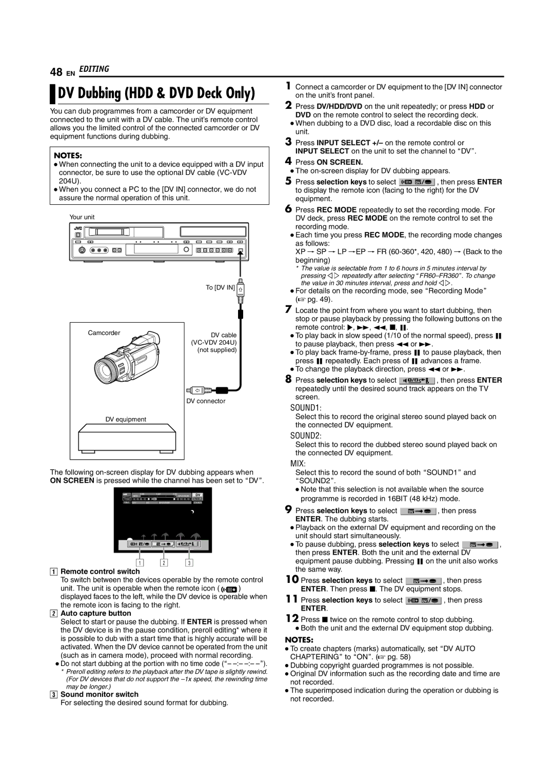 JVC SR-DVM700E manual DV deck, press REC Mode on the remote control to set, Remote control switch, Auto capture button 