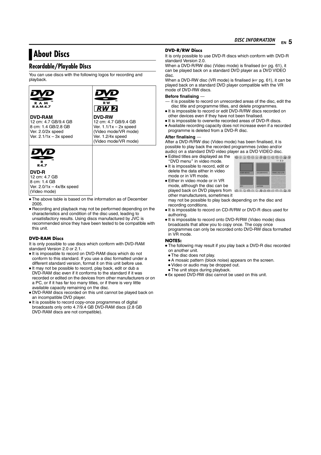 JVC SR-DVM700E manual About Discs, Recordable/Playable Discs, Before finalising, After finalising 