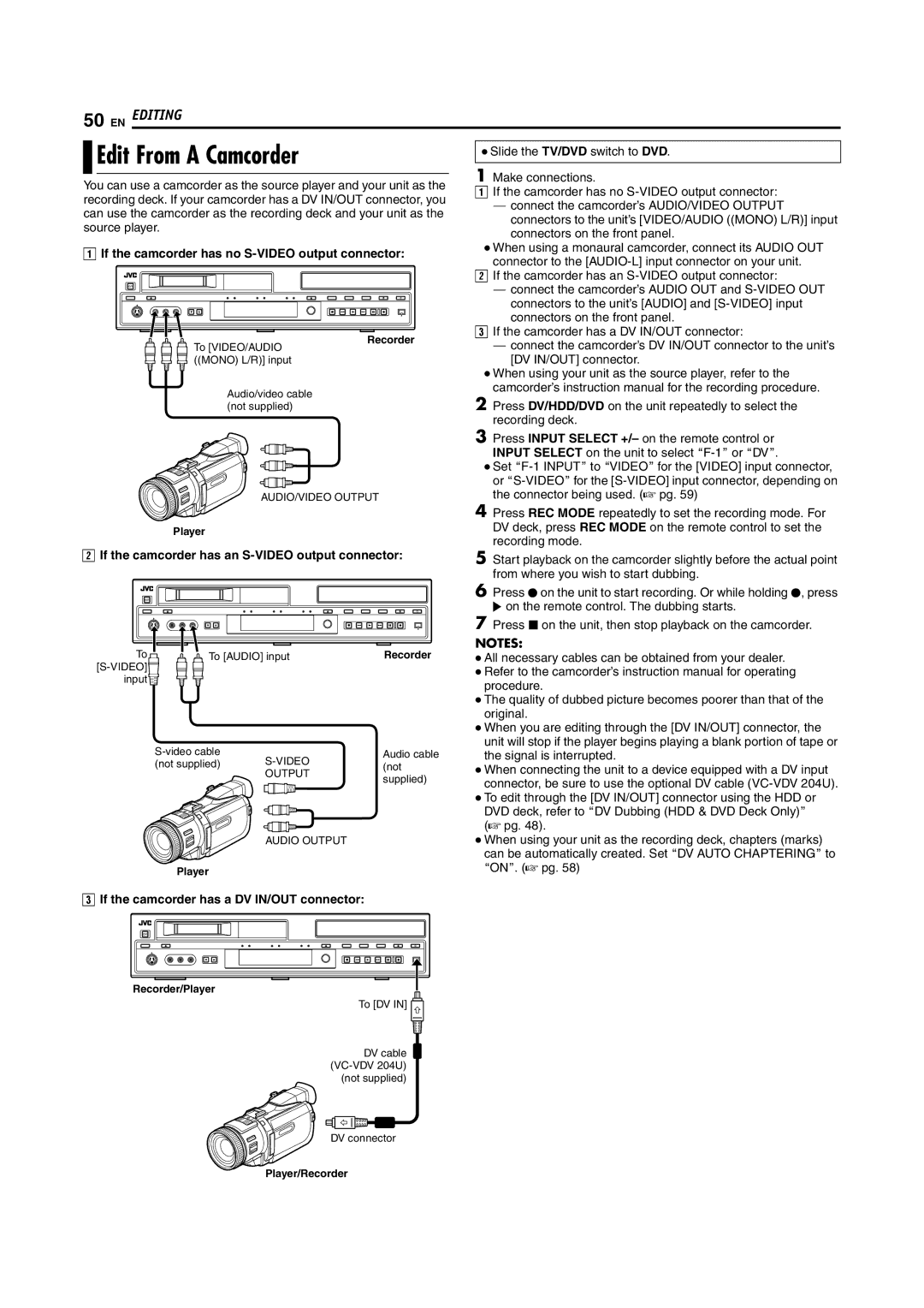 JVC SR-DVM700E manual Edit From a Camcorder, If the camcorder has no S-VIDEO output connector 