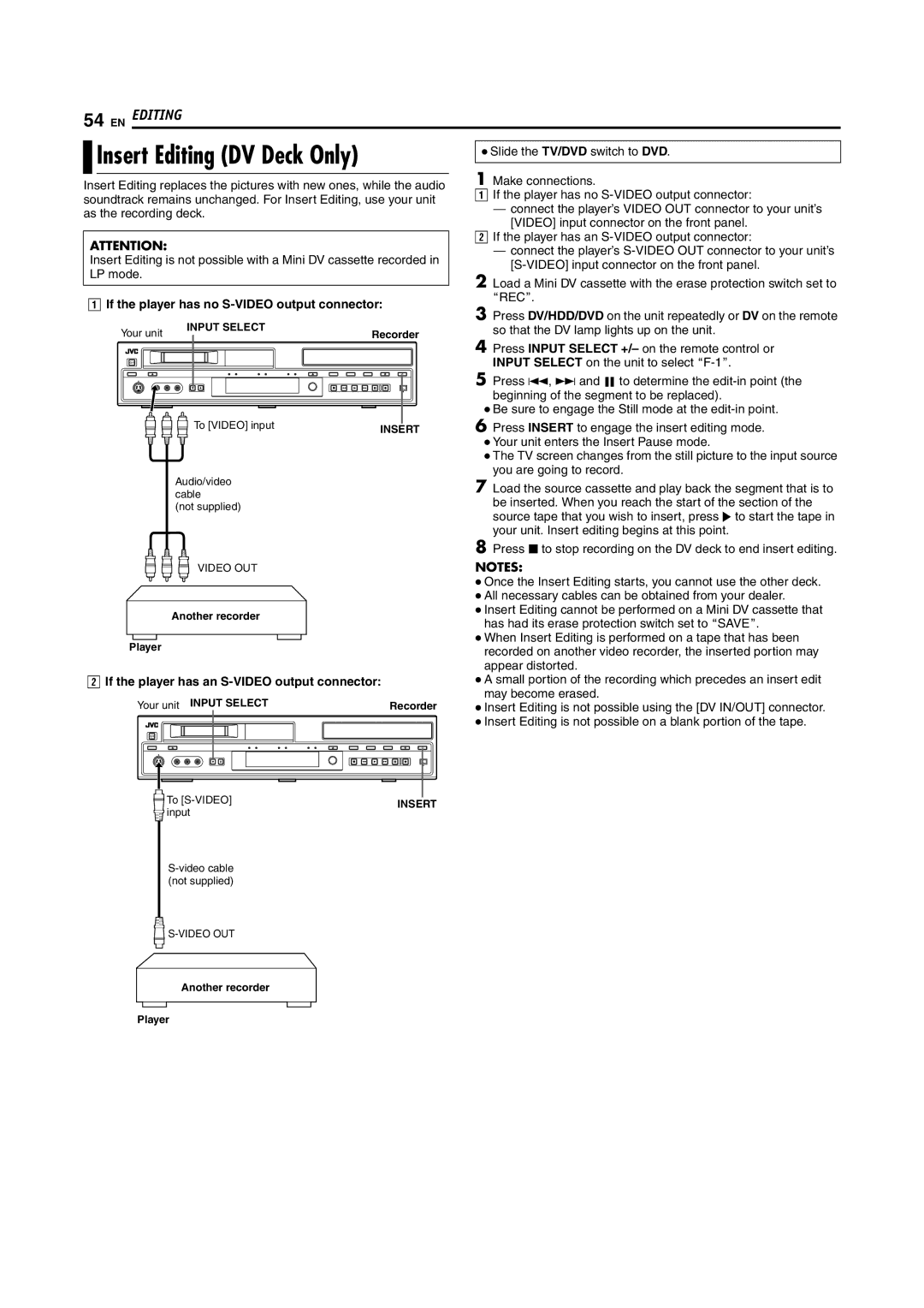 JVC SR-DVM700E manual Insert Editing DV Deck Only, If the player has no S-VIDEO output connector 