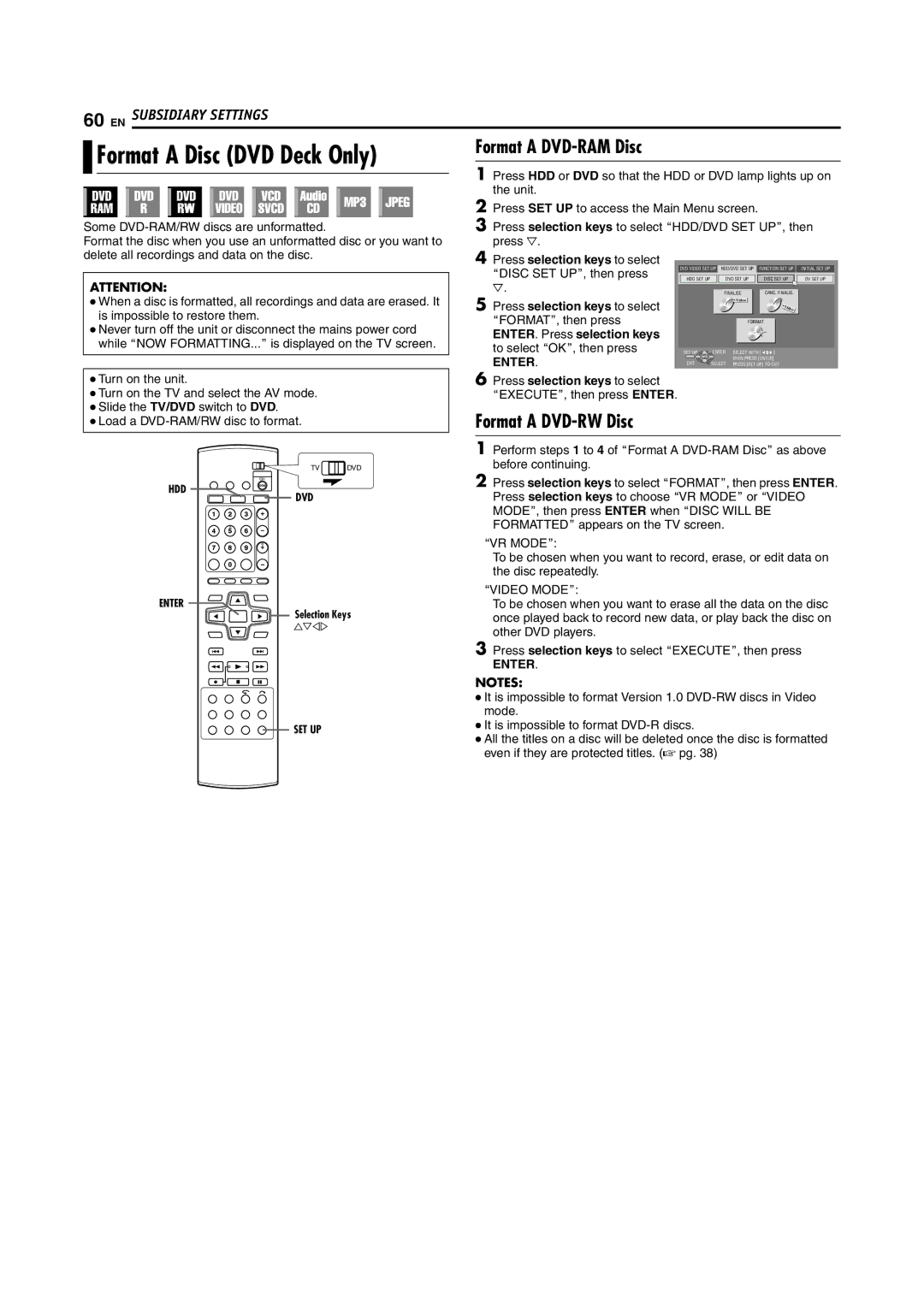 JVC SR-DVM700E Format a Disc DVD Deck Only, Format a DVD-RW Disc, ENTER. Press selection keys, AVR Modeb, Avideo Modeb 