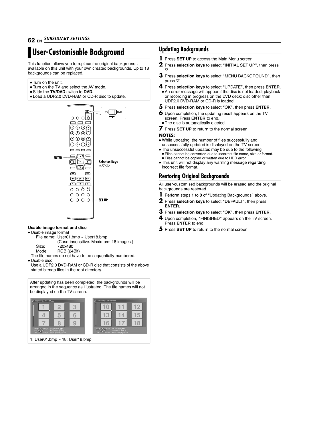 JVC SR-DVM700E manual User-Customisable Background, Updating Backgrounds, Restoring Original Backgrounds 