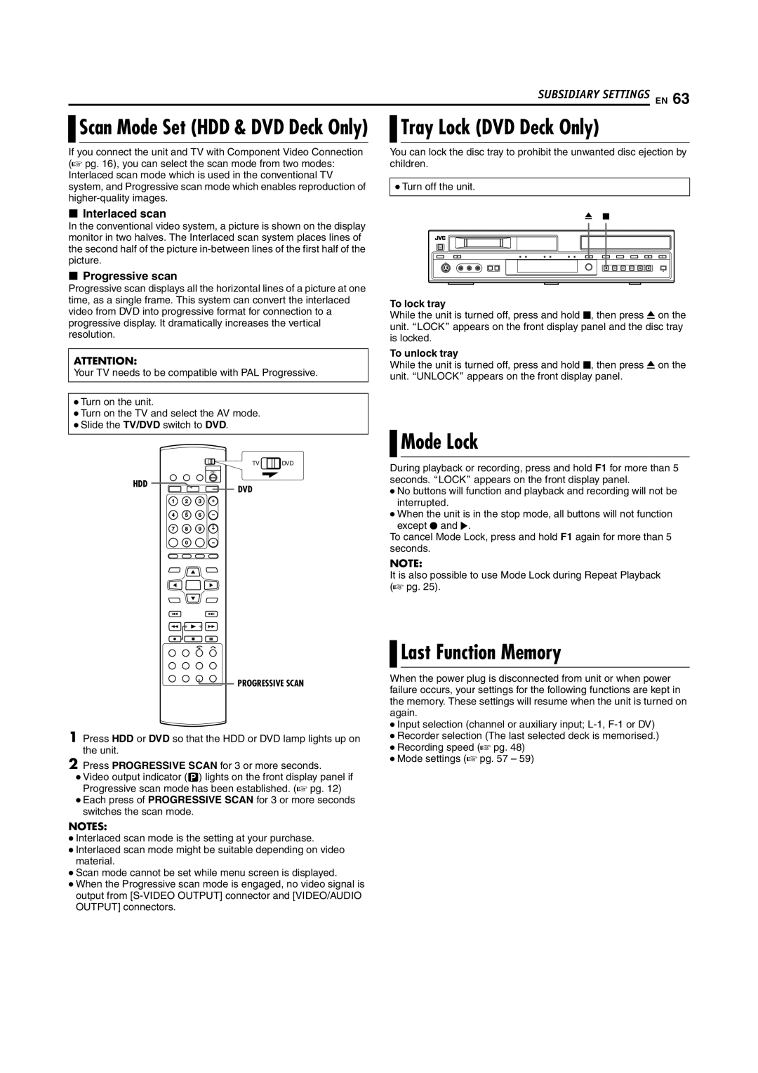 JVC SR-DVM700E manual Tray Lock DVD Deck Only, Mode Lock, Last Function Memory, To lock tray, To unlock tray 