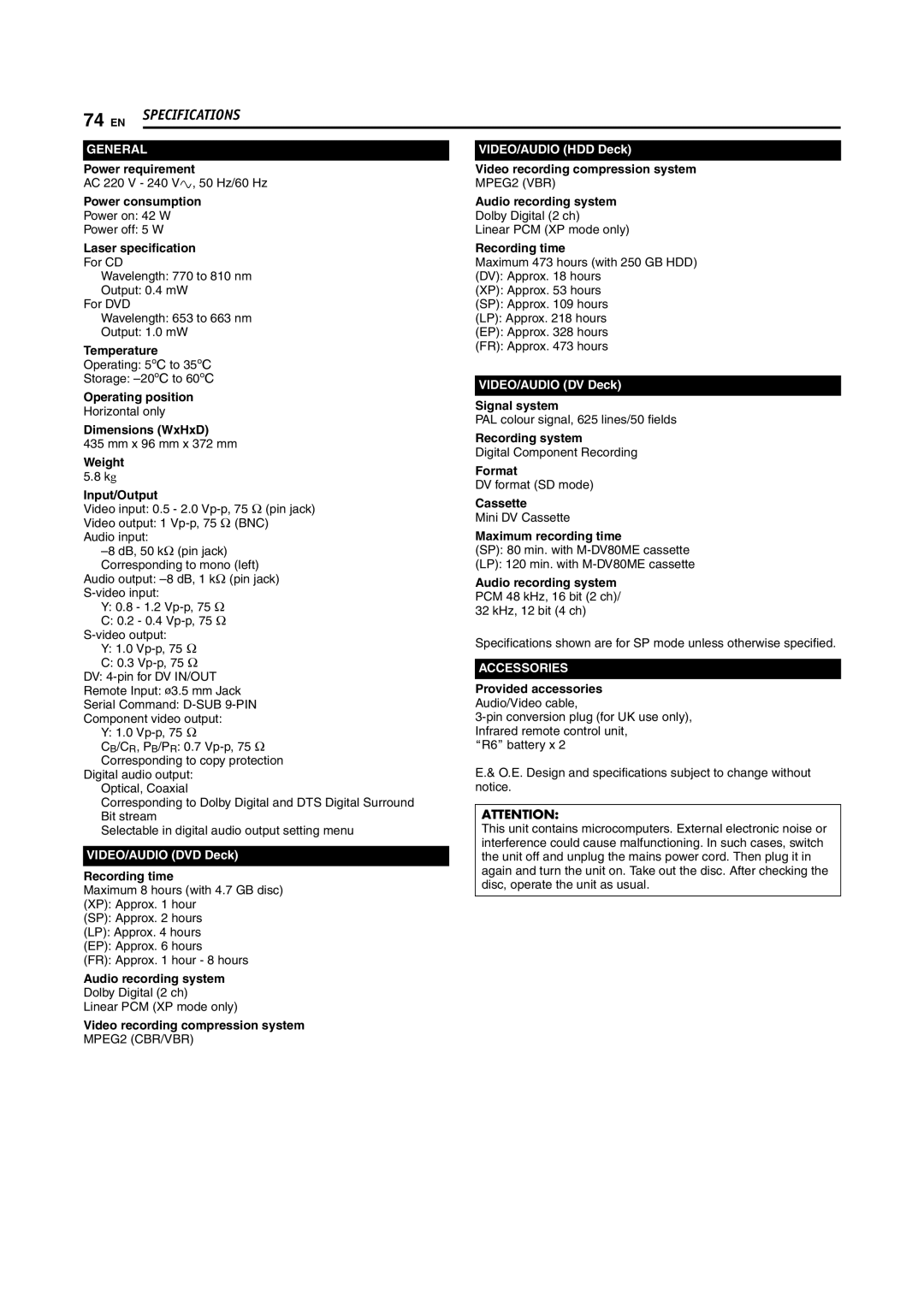 JVC SR-DVM700E manual Specifications 