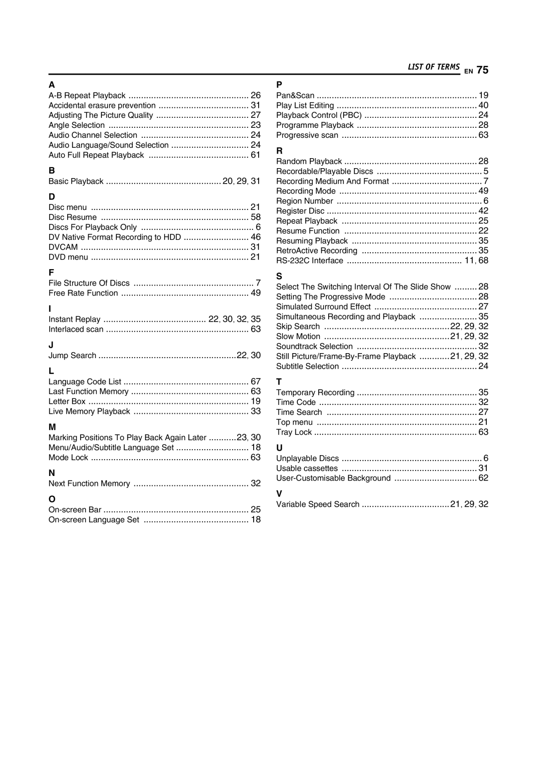 JVC SR-DVM700E manual List of Terms EN, Simultaneous Recording and Playback, Still Picture/Frame-By-Frame Playback 