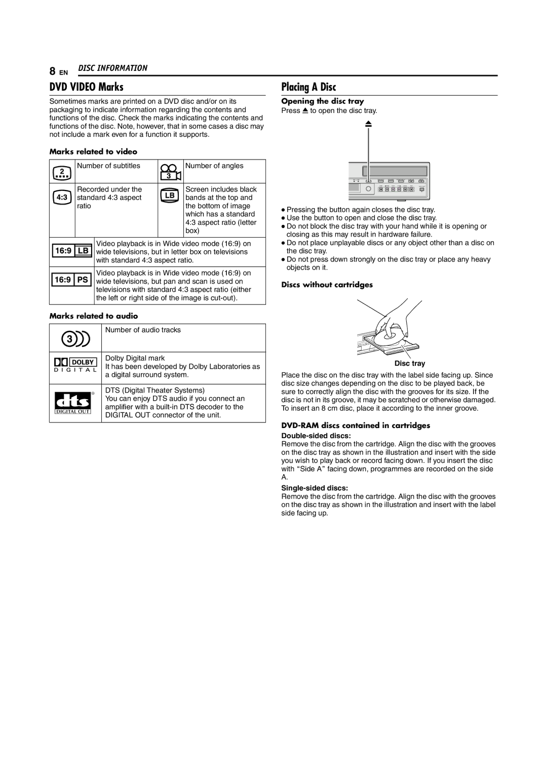 JVC SR-DVM700E manual DVD Video Marks, Placing a Disc, Single-sided discs 