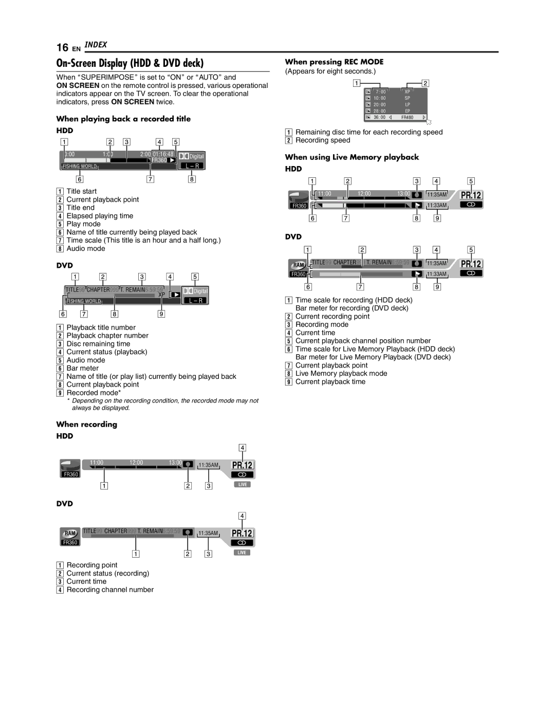 JVC SR-DVM700U manual On-Screen Display HDD & DVD deck, When pressing REC Mode, When playing back a recorded title 