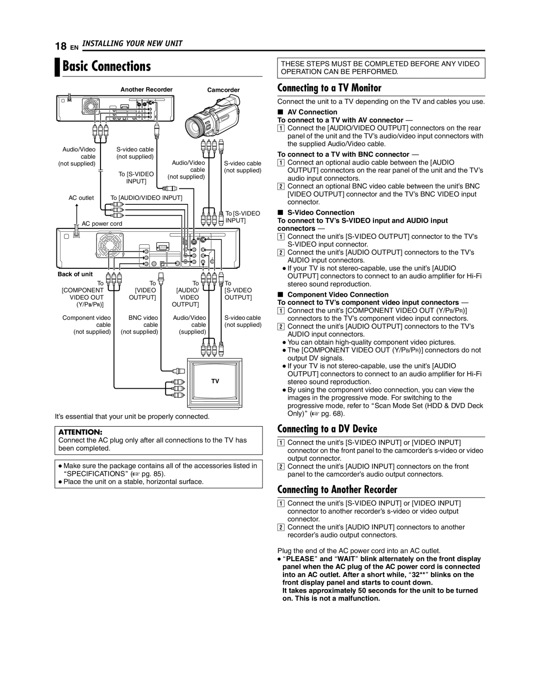 JVC SR-DVM700U Basic Connections, Connecting to a TV Monitor, Connecting to a DV Device, Connecting to Another Recorder 